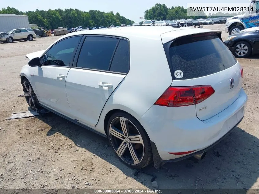 2015 Volkswagen Golf Gti 2.0T Autobahn 4-Door VIN: 3VW5T7AU4FM028314 Lot: 39803064