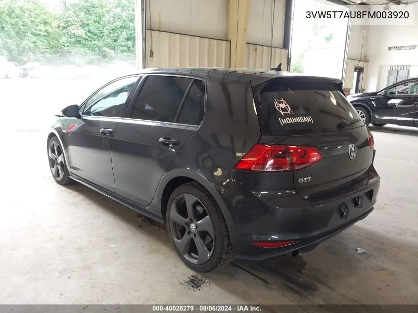 2015 Volkswagen Golf Gti 2.0T Se 4-Door VIN: 3VW5T7AU8FM003920 Lot: 40028279