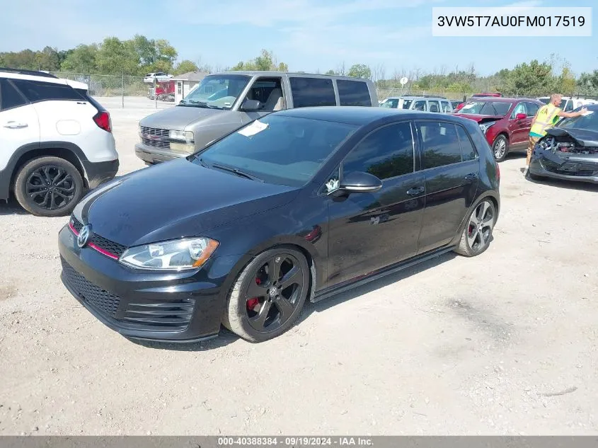 2015 Volkswagen Golf Gti 2.0T Autobahn 4-Door VIN: 3VW5T7AU0FM017519 Lot: 40388384