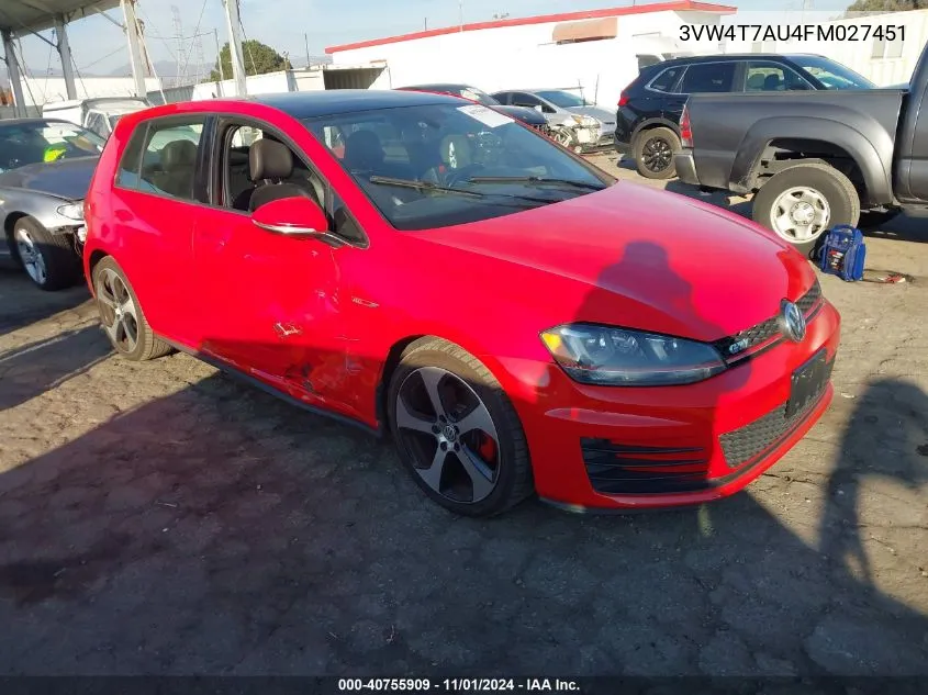 2015 Volkswagen Golf Gti 2.0T Se 4-Door VIN: 3VW4T7AU4FM027451 Lot: 40755909