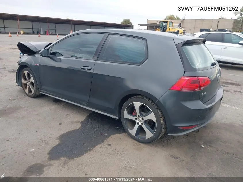 2015 Volkswagen Golf Gti 2.0T S 2-Door VIN: 3VWYT7AU6FM051252 Lot: 40861371