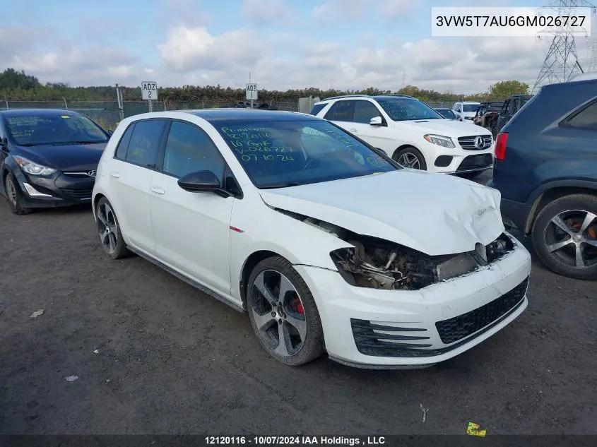 2016 Volkswagen Golf Gti VIN: 3VW5T7AU6GM026727 Lot: 12120116