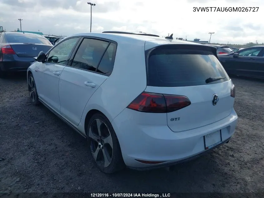 2016 Volkswagen Golf Gti VIN: 3VW5T7AU6GM026727 Lot: 12120116