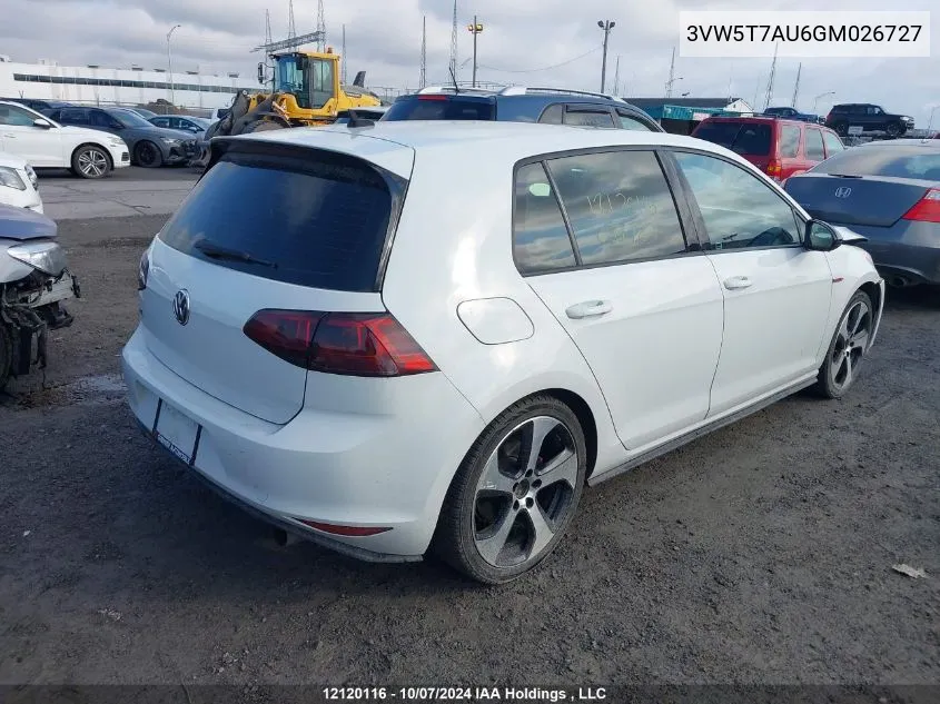 2016 Volkswagen Golf Gti VIN: 3VW5T7AU6GM026727 Lot: 12120116