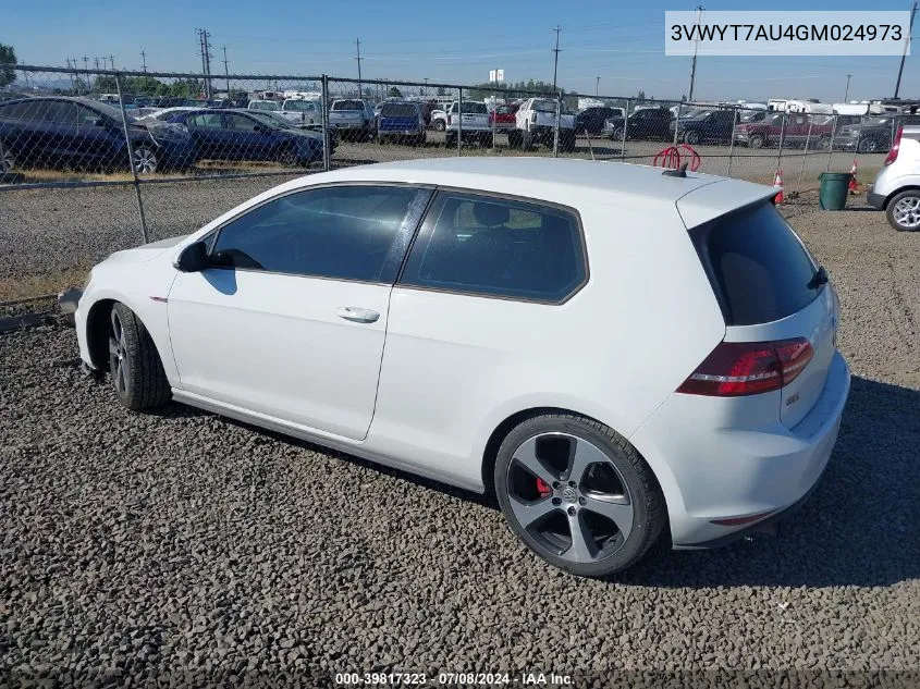 2016 Volkswagen Golf Gti S/Se VIN: 3VWYT7AU4GM024973 Lot: 39817323