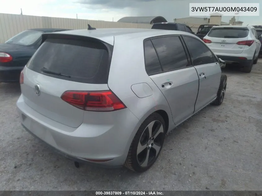 2016 Volkswagen Golf Gti Se 4-Door VIN: 3VW5T7AU0GM043409 Lot: 39837809