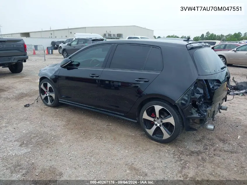 2016 Volkswagen Golf Gti Autobahn 4-Door VIN: 3VW4T7AU7GM047551 Lot: 40267176