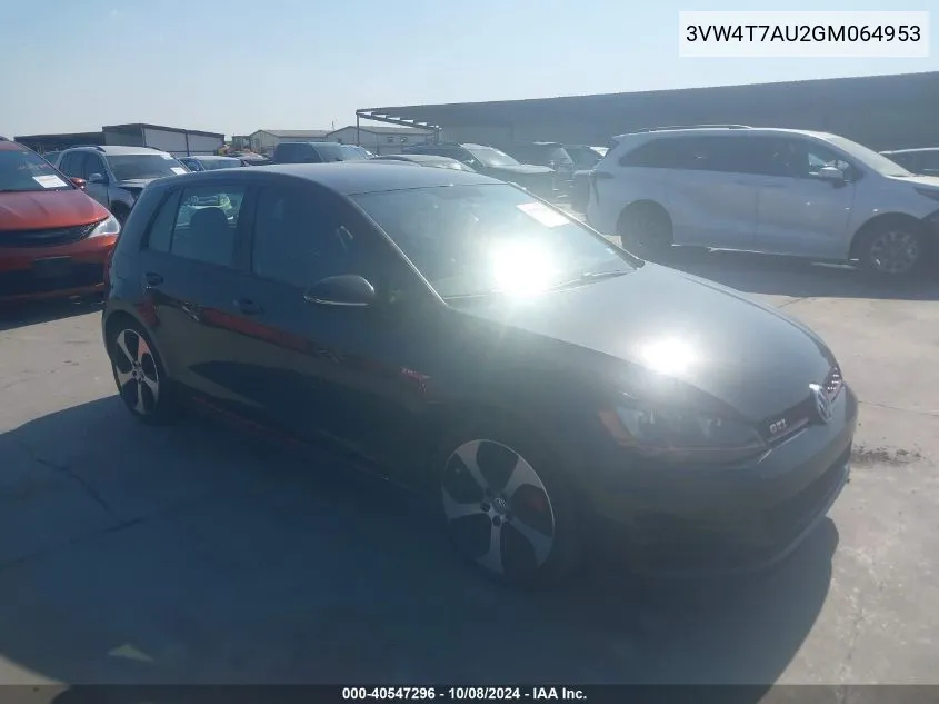 3VW4T7AU2GM064953 2016 Volkswagen Golf Gti S 4-Door