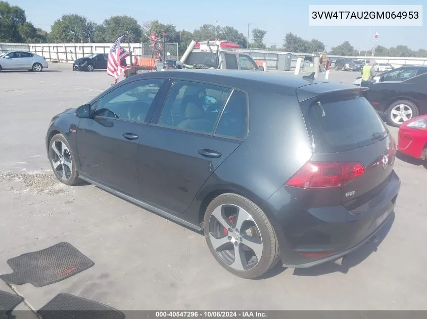 3VW4T7AU2GM064953 2016 Volkswagen Golf Gti S 4-Door