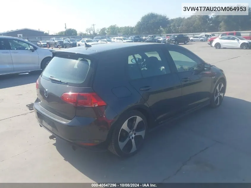 3VW4T7AU2GM064953 2016 Volkswagen Golf Gti S 4-Door