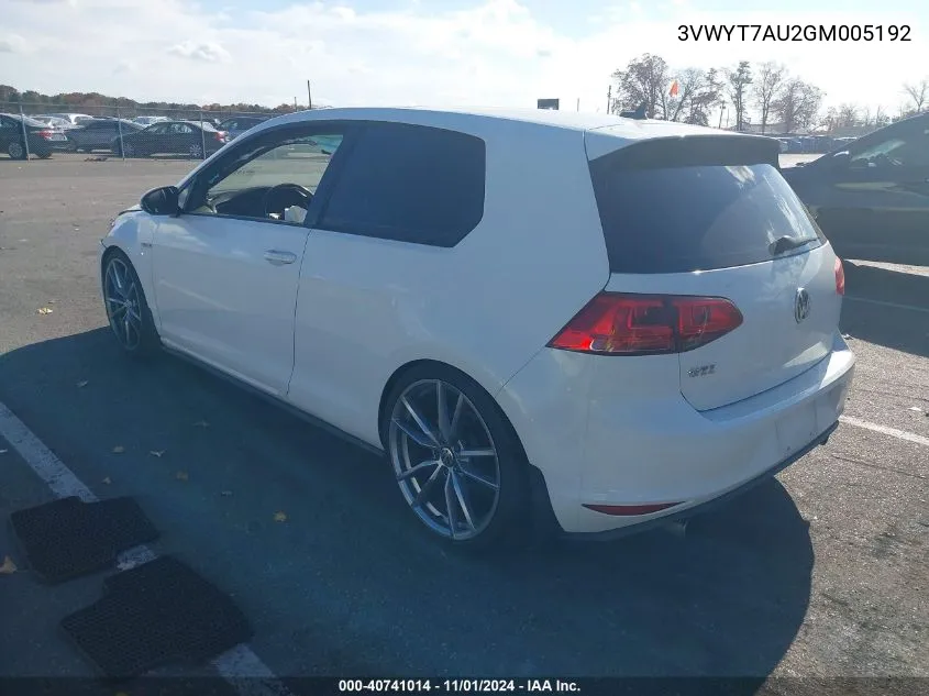 2016 Volkswagen Golf Gti Se 2-Door VIN: 3VWYT7AU2GM005192 Lot: 40741014