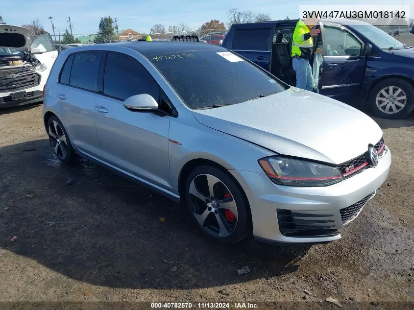 2016 Volkswagen Golf Gti Autobahn W/Performance Package 4-Door VIN: 3VW447AU3GM018142 Lot: 40782570