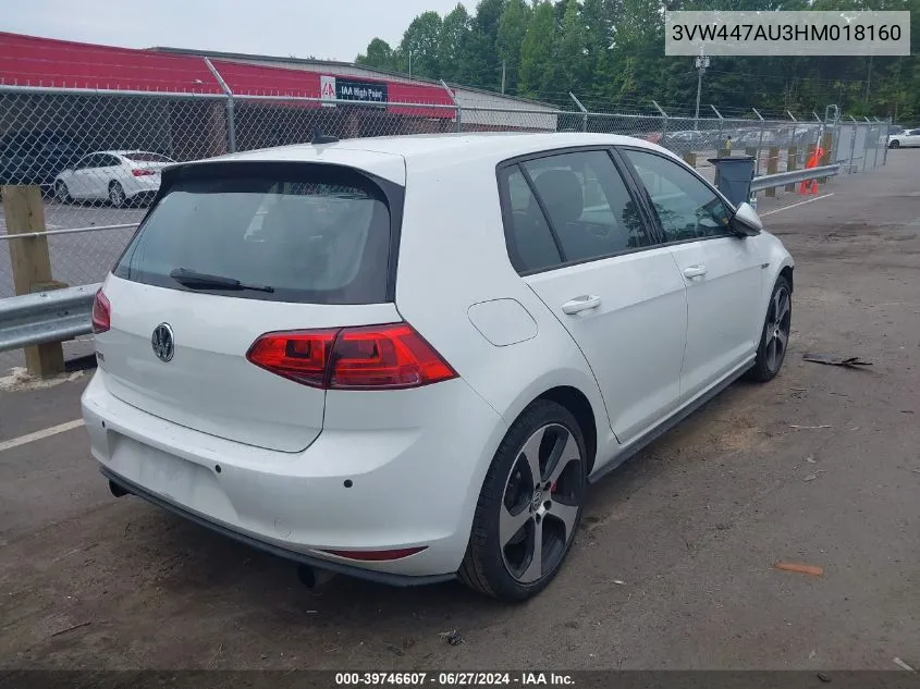 2017 Volkswagen Golf Gti Autobahn 4-Door/S 4-Door/Se 4-Door/Sport 4-Door VIN: 3VW447AU3HM018160 Lot: 39746607