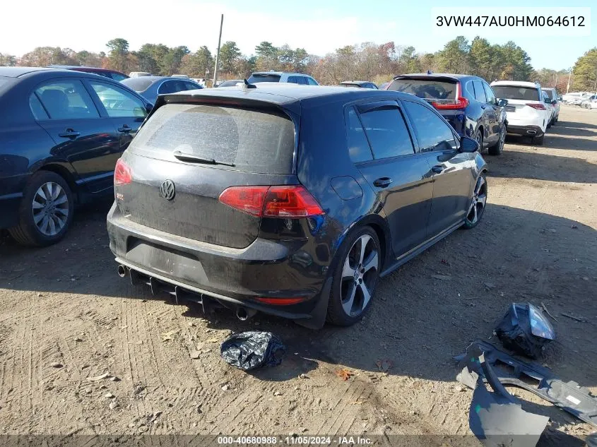 2017 Volkswagen Golf Gti Autobahn 4-Door/S 4-Door/Se 4-Door/Sport 4-Door VIN: 3VW447AU0HM064612 Lot: 40680988