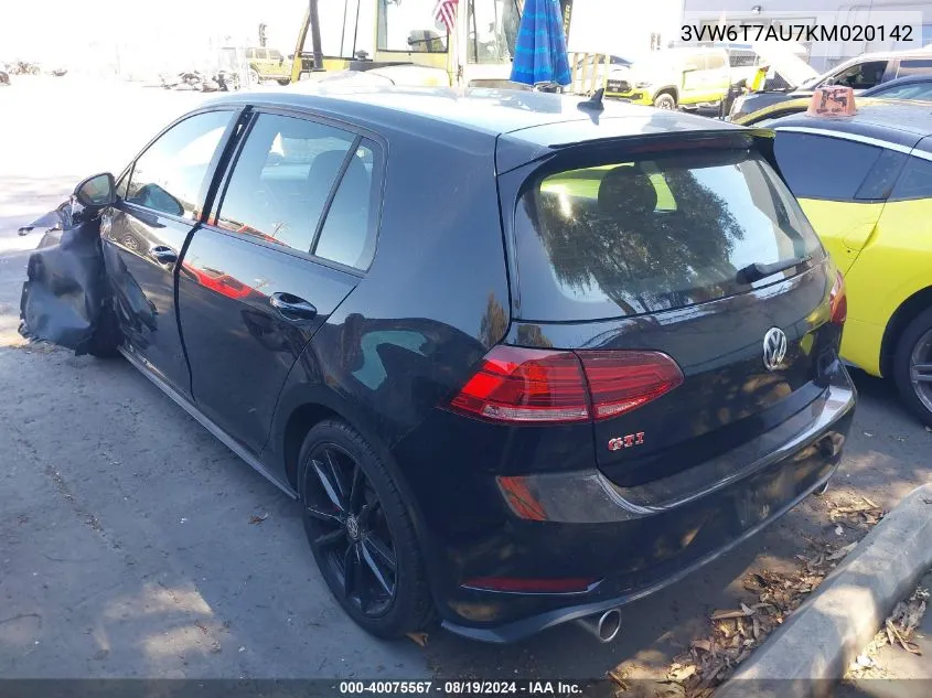 3VW6T7AU7KM020142 2019 Volkswagen Golf Gti 2.0T Autobahn/2.0T Rabbit Edition/2.0T S/2.0T Se