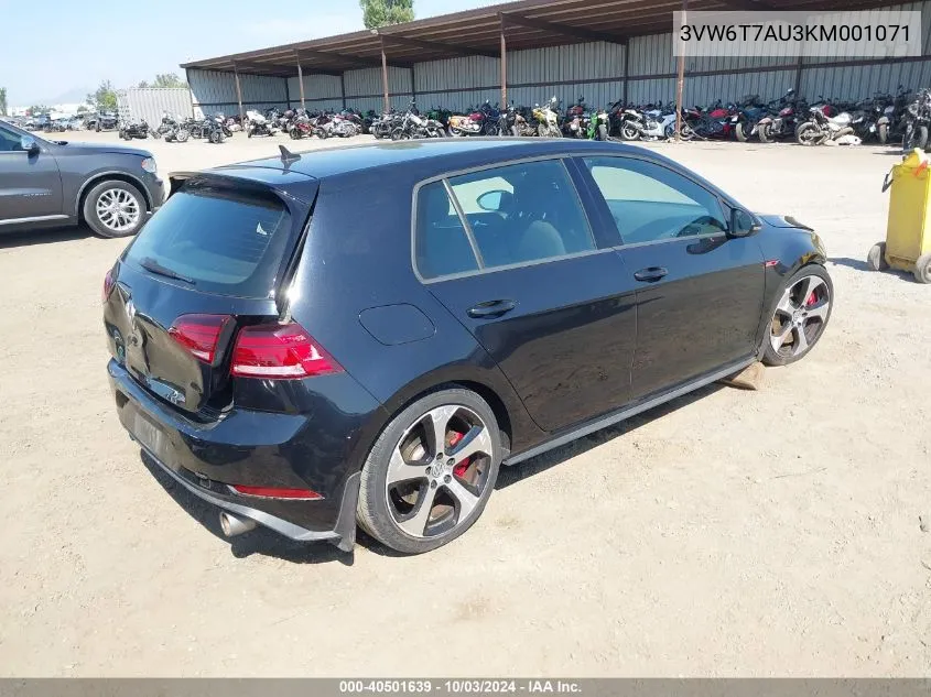 2019 Volkswagen Golf Gti 2.0T Autobahn/2.0T Rabbit Edition/2.0T S/2.0T Se VIN: 3VW6T7AU3KM001071 Lot: 40501639