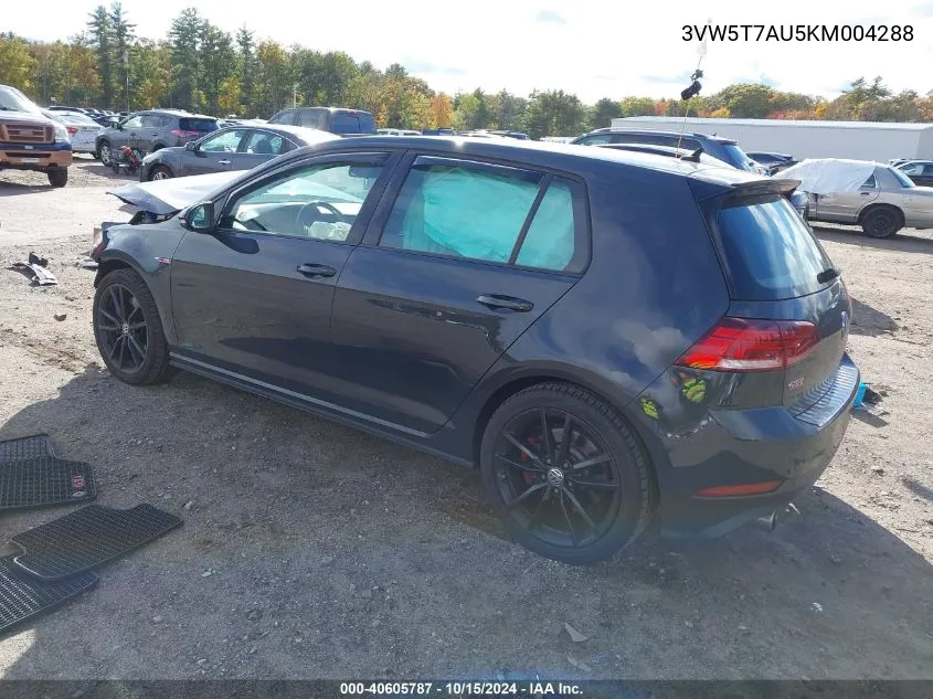 2019 Volkswagen Golf Gti 2.0T Autobahn/2.0T Rabbit Edition/2.0T S/2.0T Se VIN: 3VW5T7AU5KM004288 Lot: 40605787