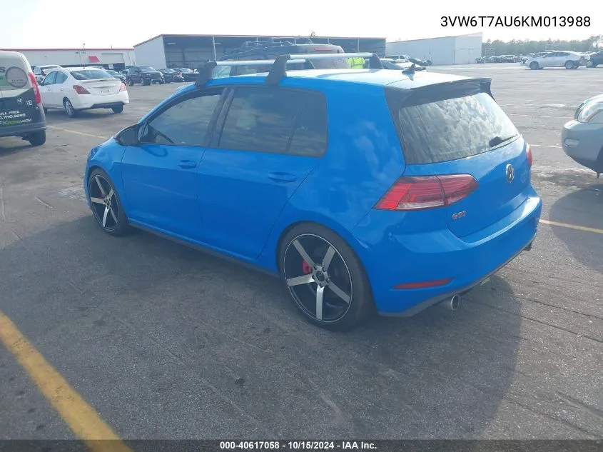 2019 Volkswagen Golf Gti 2.0T Autobahn/2.0T Rabbit Edition/2.0T S/2.0T Se VIN: 3VW6T7AU6KM013988 Lot: 40617058