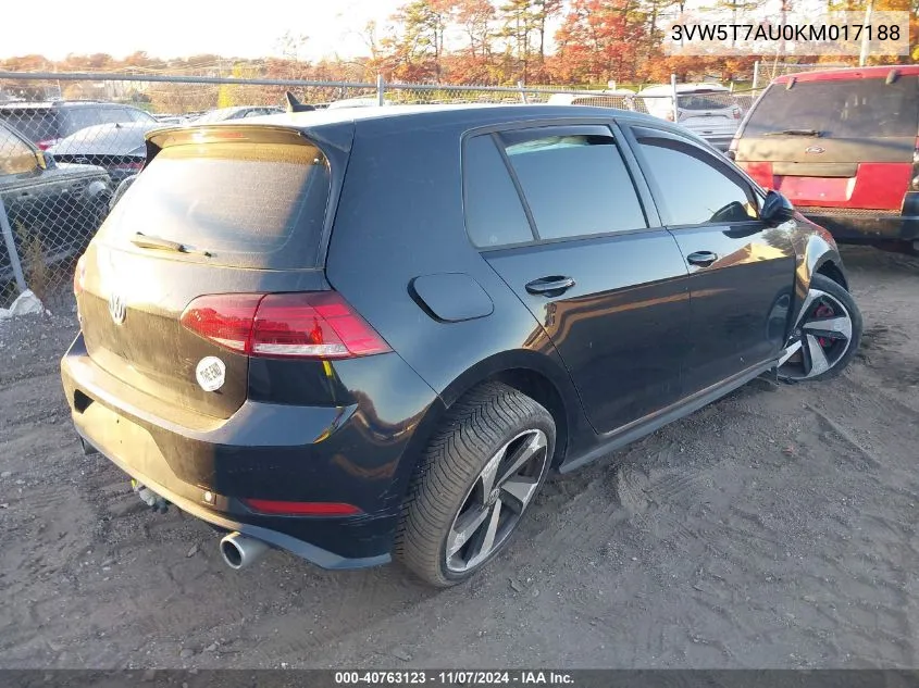 2019 Volkswagen Golf Gti 2.0T Autobahn/2.0T Rabbit Edition/2.0T S/2.0T Se VIN: 3VW5T7AU0KM017188 Lot: 40763123