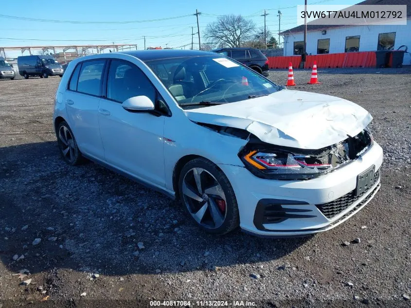 2020 Volkswagen Golf Gti 2.0T Autobahn/2.0T S/2.0T Se VIN: 3VW6T7AU4LM012792 Lot: 40817084