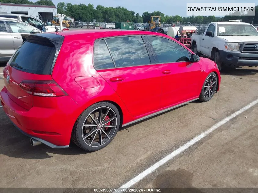 2021 Volkswagen Golf Gti 2.0T Autobahn/2.0T S/2.0T Se VIN: 3VW5T7AU5MM011549 Lot: 39687780