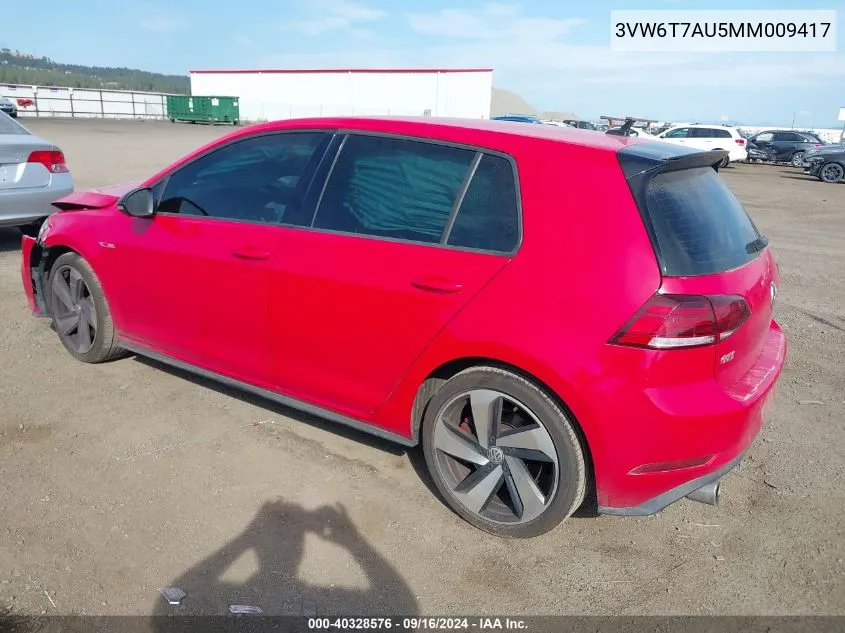 2021 Volkswagen Golf Gti 2.0T Autobahn/2.0T S/2.0T Se VIN: 3VW6T7AU5MM009417 Lot: 40328576