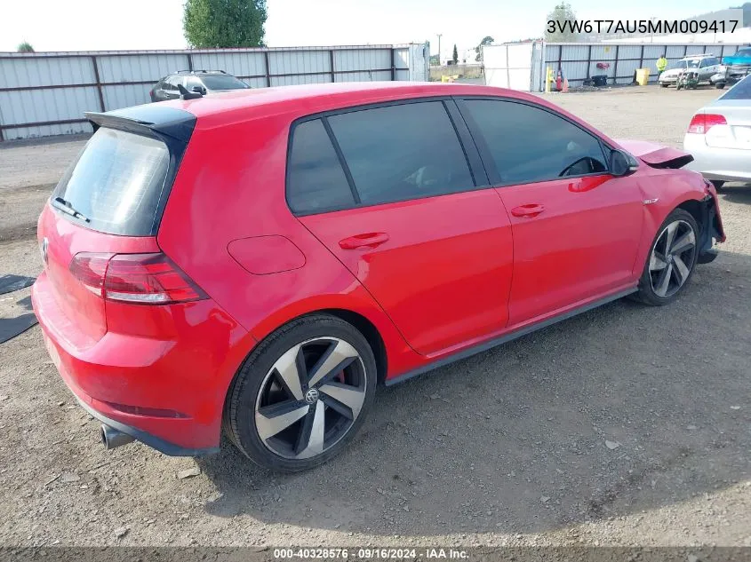 2021 Volkswagen Golf Gti 2.0T Autobahn/2.0T S/2.0T Se VIN: 3VW6T7AU5MM009417 Lot: 40328576