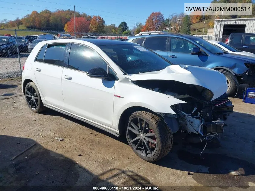 2021 Volkswagen Golf Gti 2.0T Autobahn/2.0T S/2.0T Se VIN: 3VW6T7AU2MM000514 Lot: 40653118