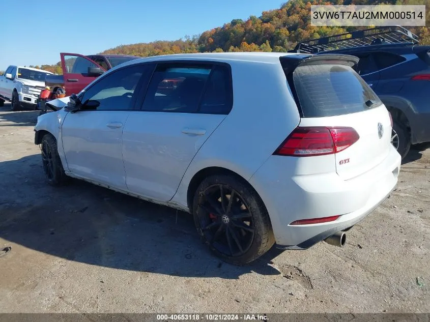 2021 Volkswagen Golf Gti 2.0T Autobahn/2.0T S/2.0T Se VIN: 3VW6T7AU2MM000514 Lot: 40653118