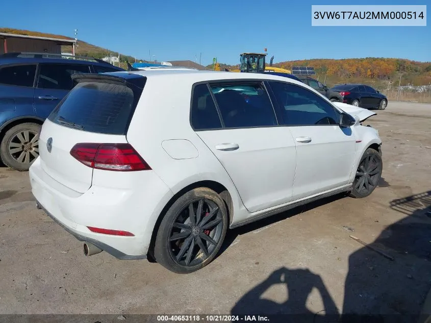 2021 Volkswagen Golf Gti 2.0T Autobahn/2.0T S/2.0T Se VIN: 3VW6T7AU2MM000514 Lot: 40653118