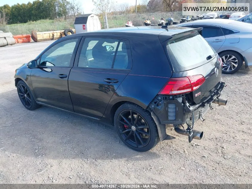 2021 Volkswagen Golf Gti 2.0T Autobahn/2.0T S/2.0T Se VIN: 3VW6T7AU2MM006958 Lot: 40714267