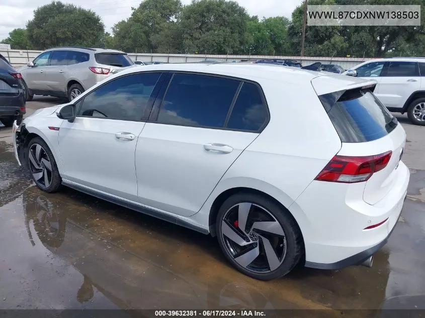 2022 Volkswagen Golf Gti 2.0T Se VIN: WVWL87CDXNW138503 Lot: 39632381