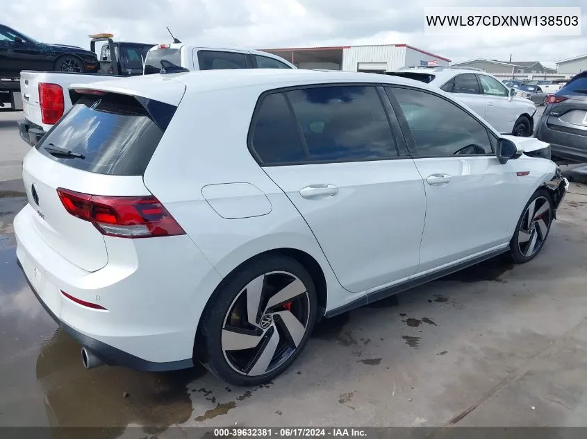 2022 Volkswagen Golf Gti 2.0T Se VIN: WVWL87CDXNW138503 Lot: 39632381