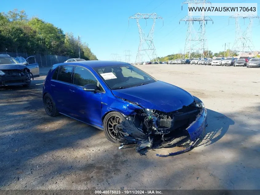 2019 Volkswagen Golf R 2.0T W/Dcc Navigation VIN: WVWVA7AU5KW170643 Lot: 40575023