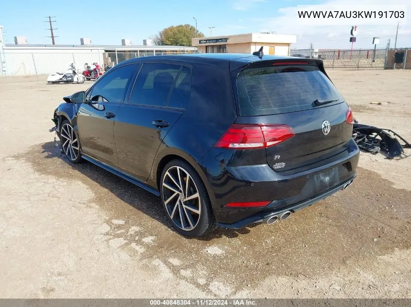 2019 Volkswagen Golf R 2.0T W/Dcc Navigation VIN: WVWVA7AU3KW191703 Lot: 40848304