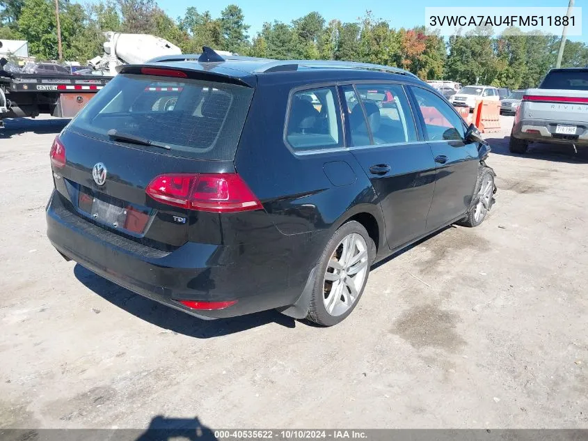 2015 Volkswagen Golf Sportwagen Tdi Sel 4-Door VIN: 3VWCA7AU4FM511881 Lot: 40535622