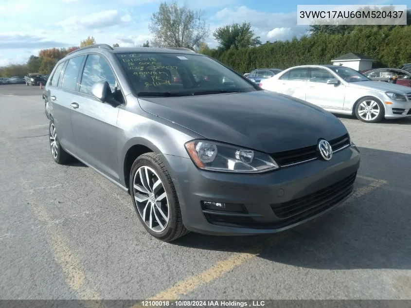 2016 Volkswagen Golf Sportwagen S/Se/Sel/Limited VIN: 3VWC17AU6GM520437 Lot: 12100018