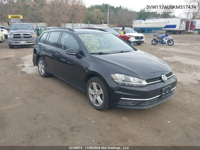 2019 Volkswagen Golf Sportwagen S VIN: 3VW117AU8KM517474 Lot: 12136973