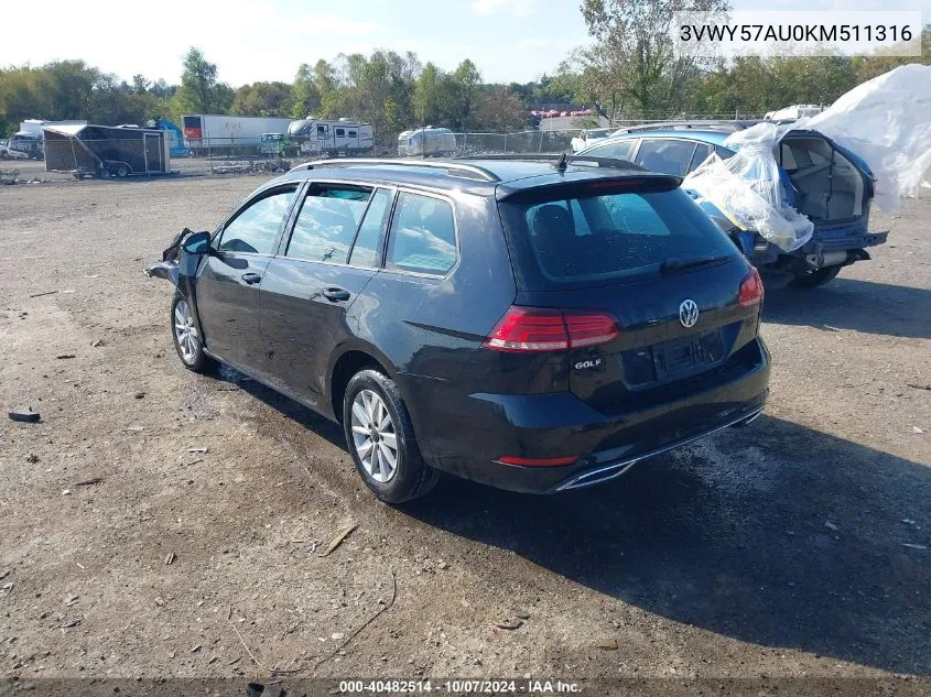 3VWY57AU0KM511316 2019 Volkswagen Golf Sportwagen 1.4T S/1.4T Se