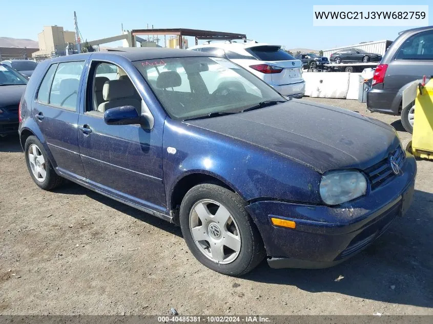 2000 Volkswagen Golf Gls VIN: WVWGC21J3YW682759 Lot: 40485381