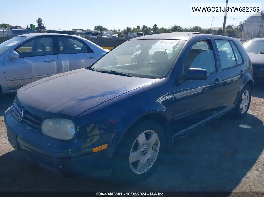 2000 Volkswagen Golf Gls VIN: WVWGC21J3YW682759 Lot: 40485381