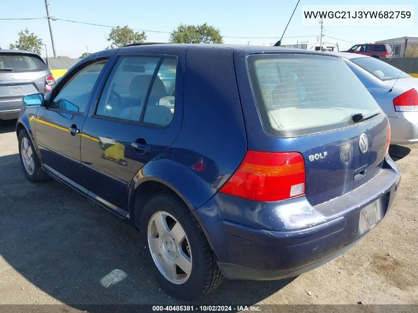 2000 Volkswagen Golf Gls VIN: WVWGC21J3YW682759 Lot: 40485381