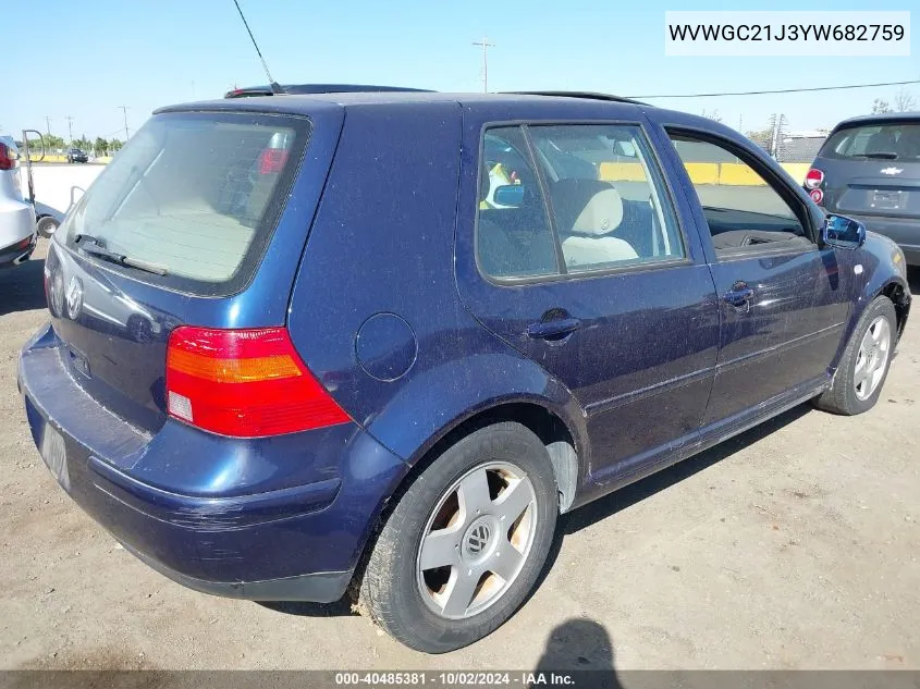 2000 Volkswagen Golf Gls VIN: WVWGC21J3YW682759 Lot: 40485381