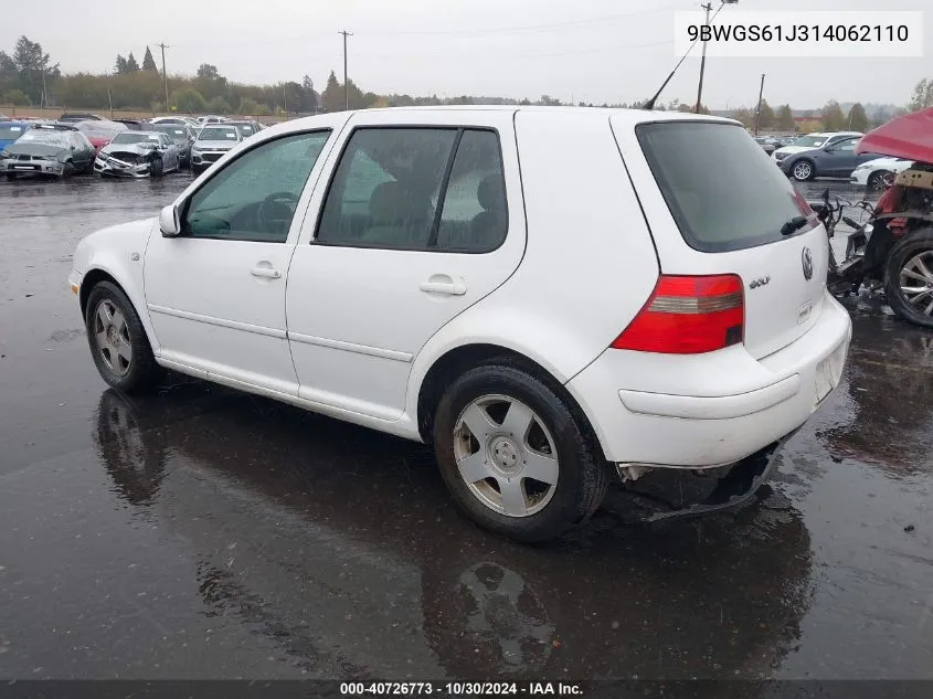 2001 Volkswagen Golf Gls VIN: 9BWGS61J314062110 Lot: 40726773