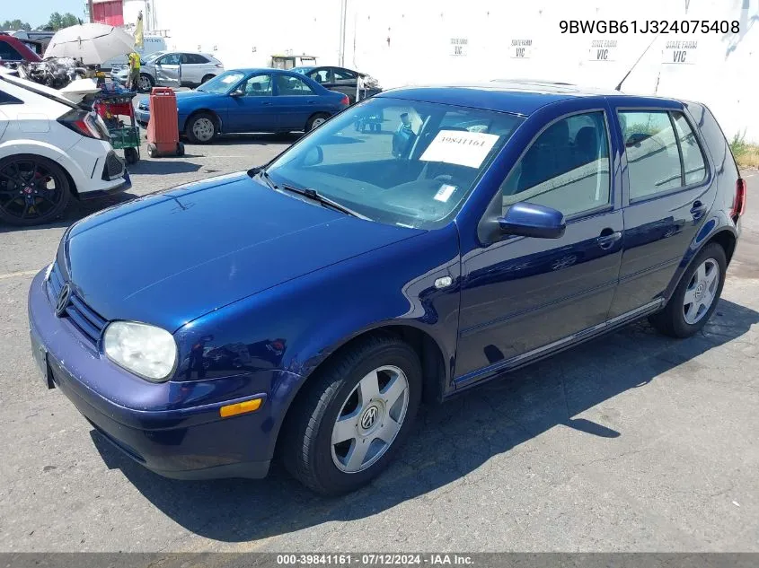 2002 Volkswagen Golf Gls 2.0L VIN: 9BWGB61J324075408 Lot: 39841161