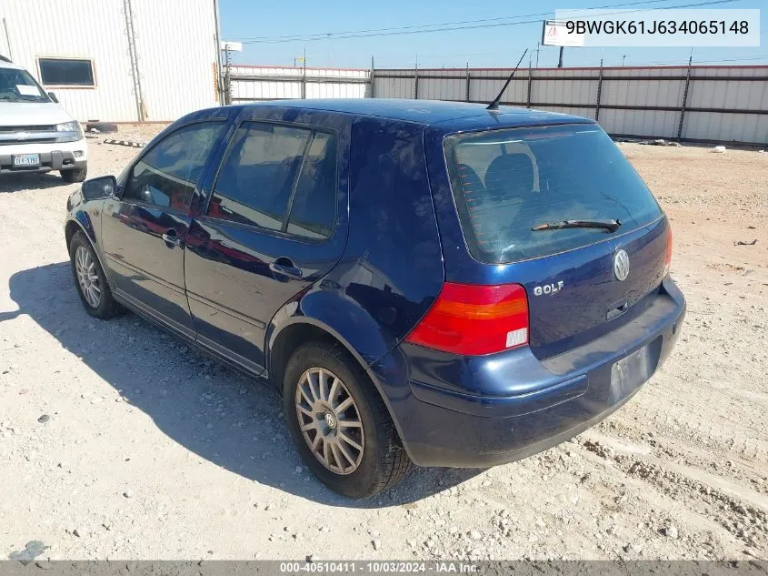 2003 Volkswagen Golf Gls 2.0L VIN: 9BWGK61J634065148 Lot: 40510411