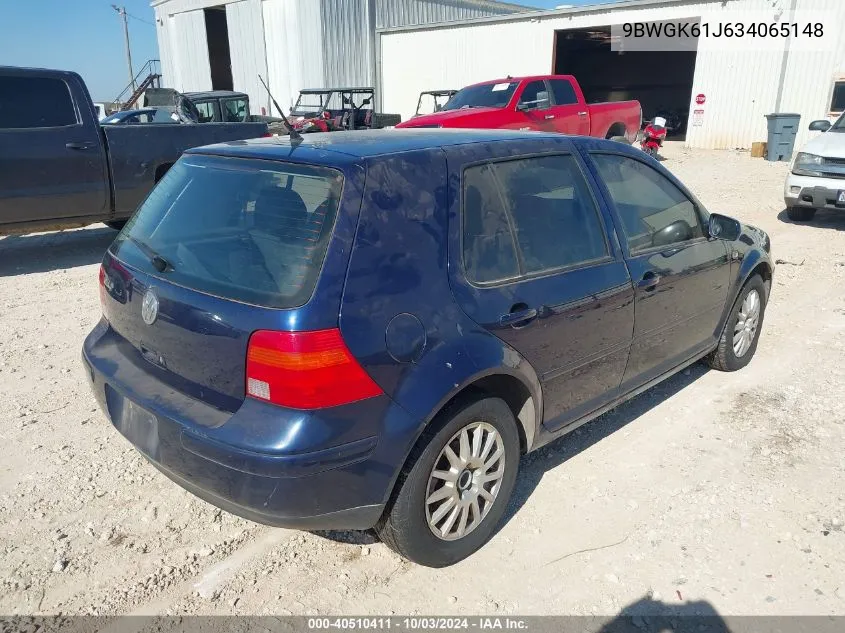 2003 Volkswagen Golf Gls 2.0L VIN: 9BWGK61J634065148 Lot: 40510411