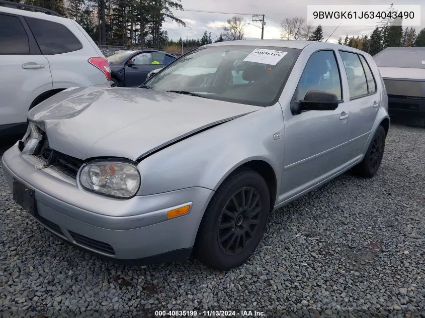 2003 Volkswagen Golf Gls 2.0L VIN: 9BWGK61J634043490 Lot: 40835199