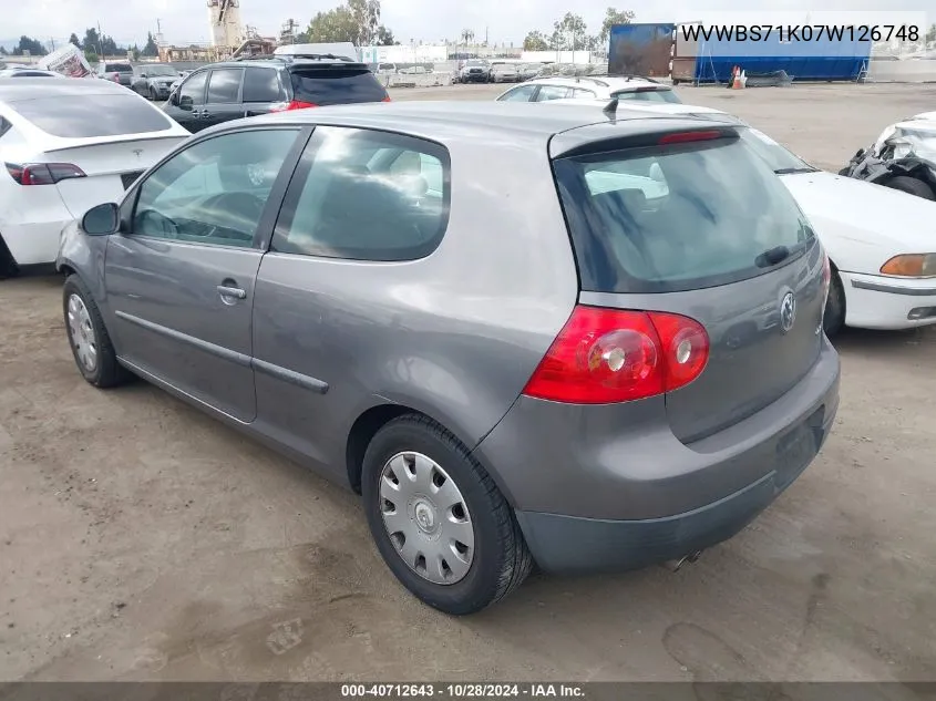 2007 Volkswagen Rabbit VIN: WVWBS71K07W126748 Lot: 40712643