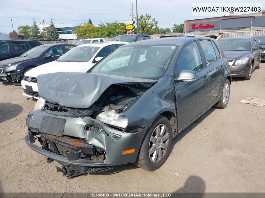 2008 Volkswagen Rabbit VIN: WVWCA71KX8W227403 Lot: 12102400